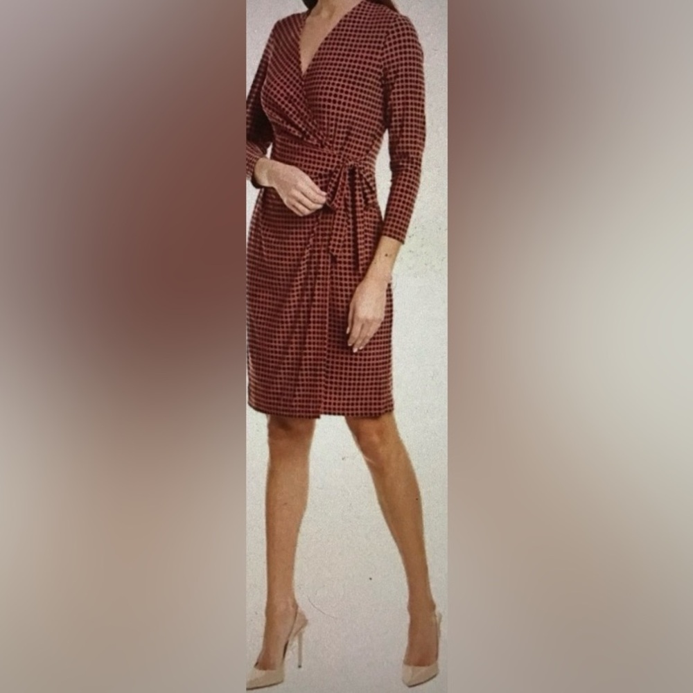 NWOT Anne Klein Classic Faux Wrap Dress Cinnamon & Black Polka Dot - Picture 5 of 14